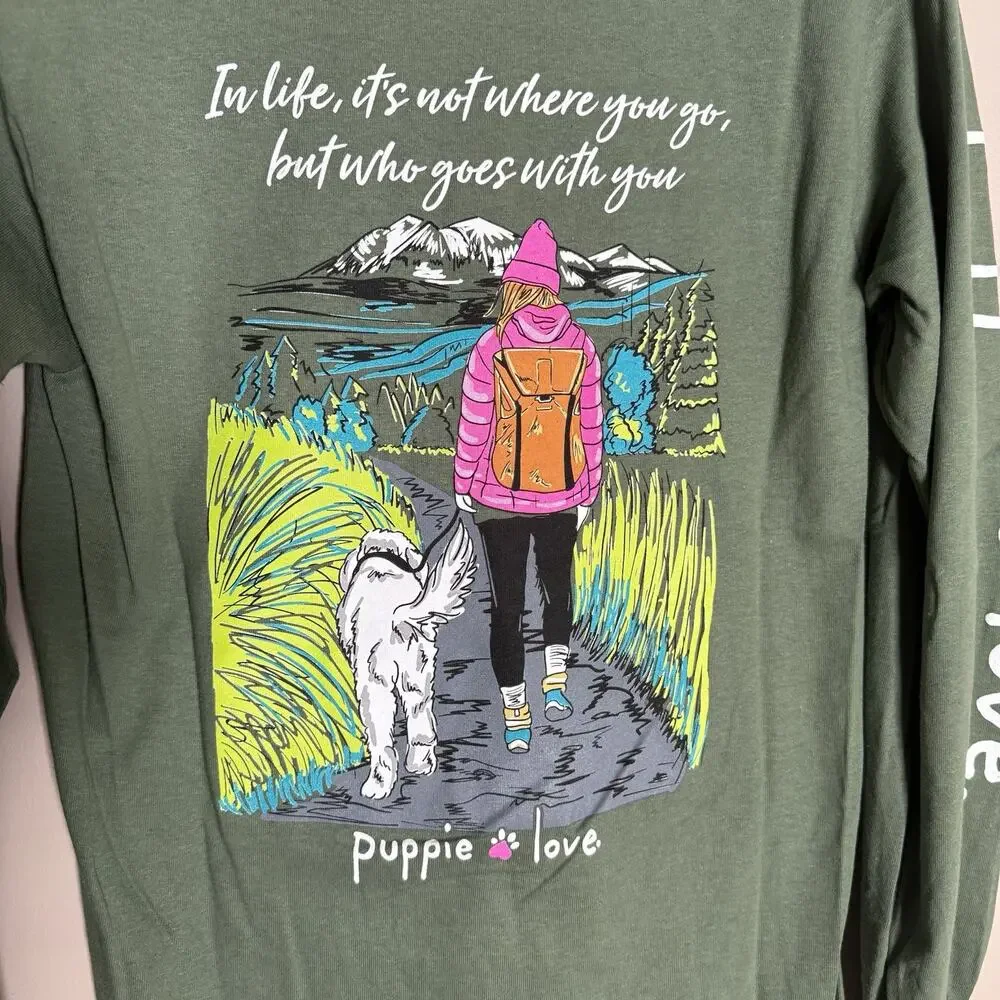 Puppie Love NEW w/Tag Hiking Pup Long Sleeve, Green, 100% Cotton Tee Shirt Small - Picture 1 of 9